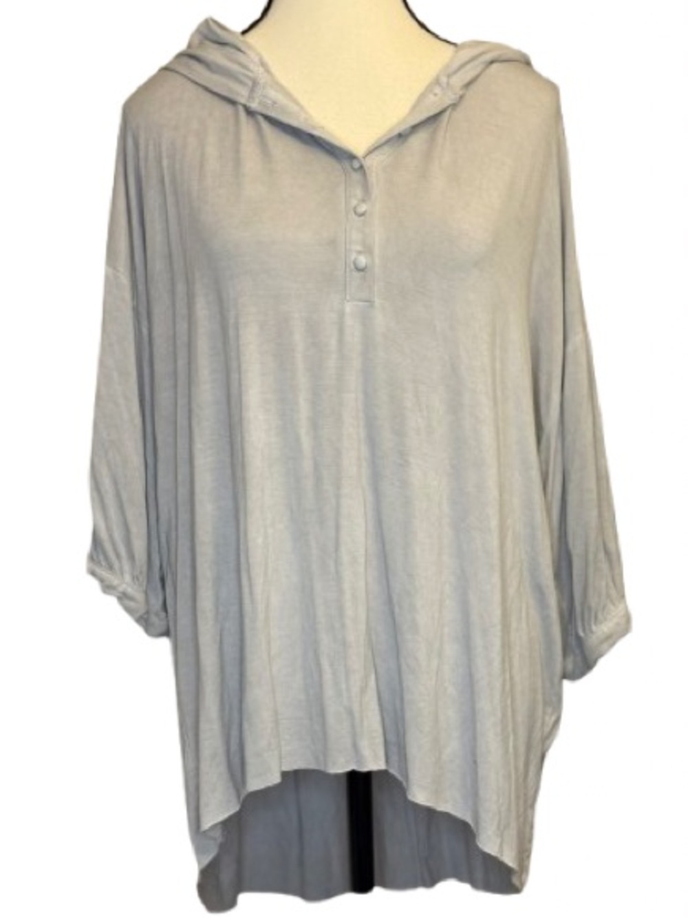 POL Hooded Tunic Top Gray Taupe Lace Back Button Front Boho Size M - Picture 2 of 11